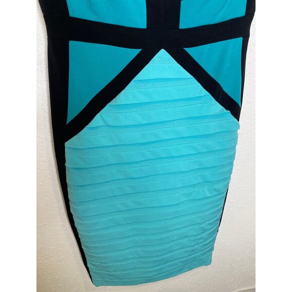 Cache Black Teal Sleeveless Bodycon Midi Dress Stretchy Colorblock Poly EUC Sz 8 - Picture 4 of 14